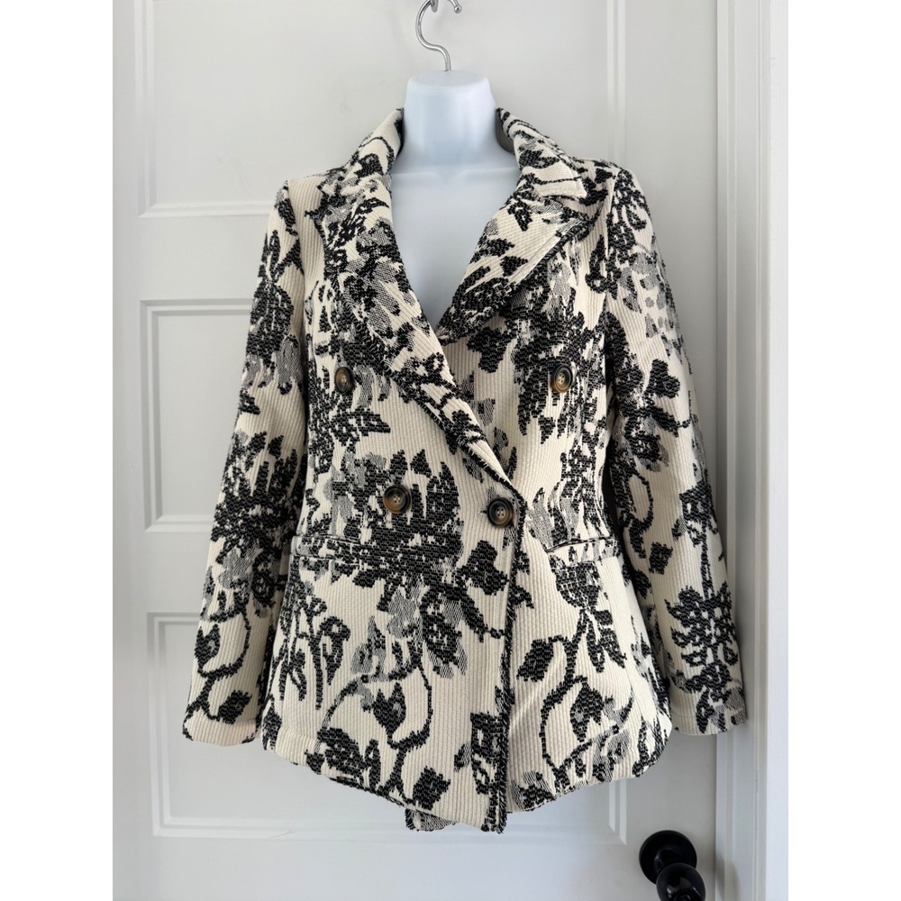 Luna Allegra Italy Tapestry Floral Double Breasted Blazer Jacket Black Cream S